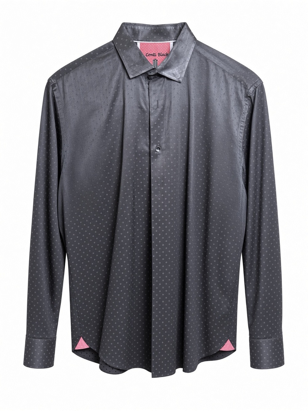 Men's Black Dot-Pattern Dress Button up Shirt with Pink Accent Trim